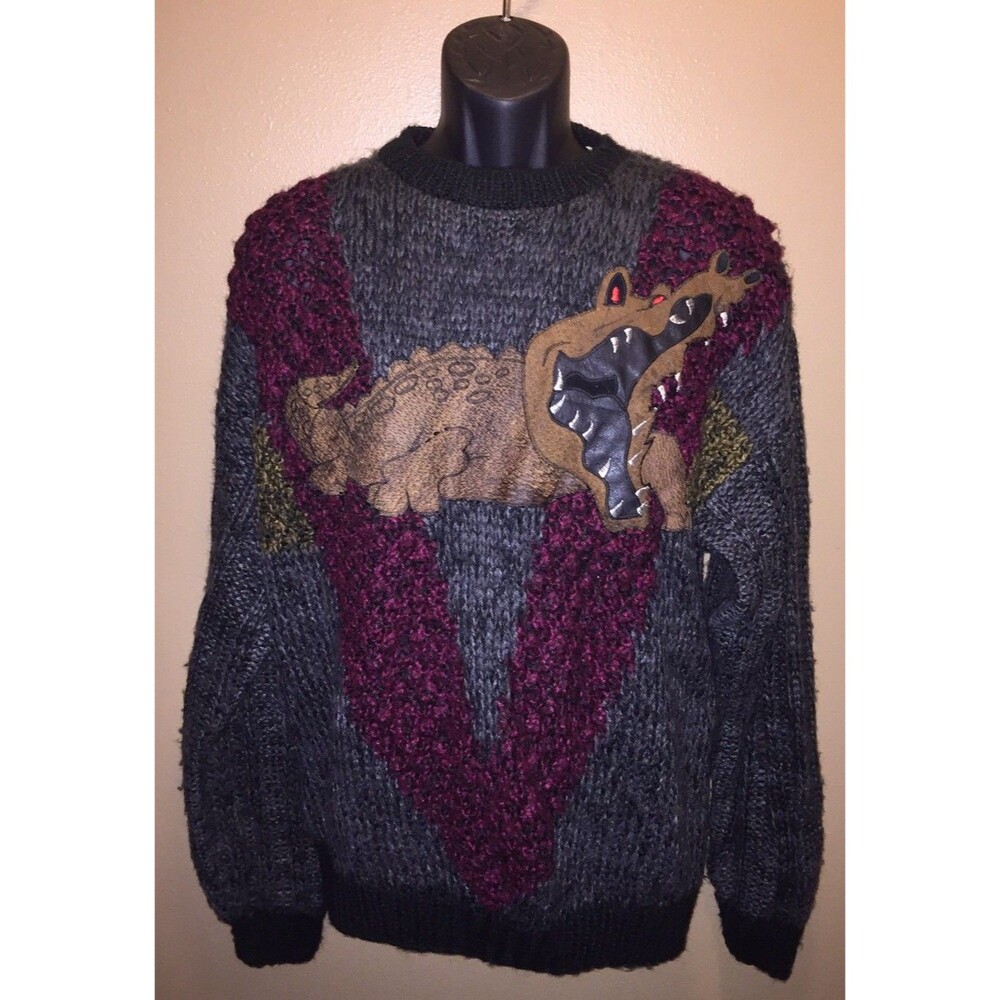 Vintage 80s GABRIELLE Sweater w/ Leather Alligator Crocodile Korea Large Hipster